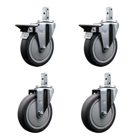 Service Caster 5'' Thermoplastic Rubber Swivel 3/4'' Square Stem Caster Set 2 Brakes, 4PK SCC-SQ20S514-TPRB-PLB-34-2-S-2